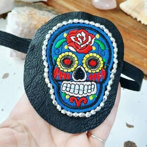 Sugar Skull Embroidered Beaded Eye Patch, Adjustable Vision Accessory Ocular Aid